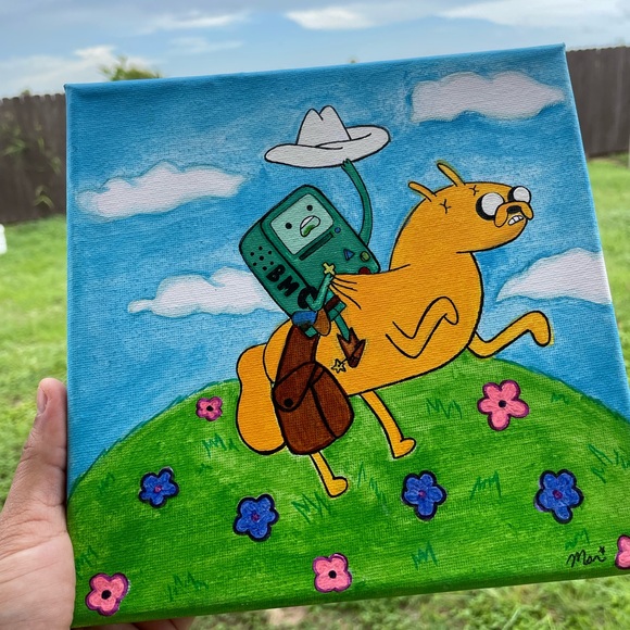 Adventure time cowboy beemo riding Jake the dog hand painted canvas art - Picture 9 of 16